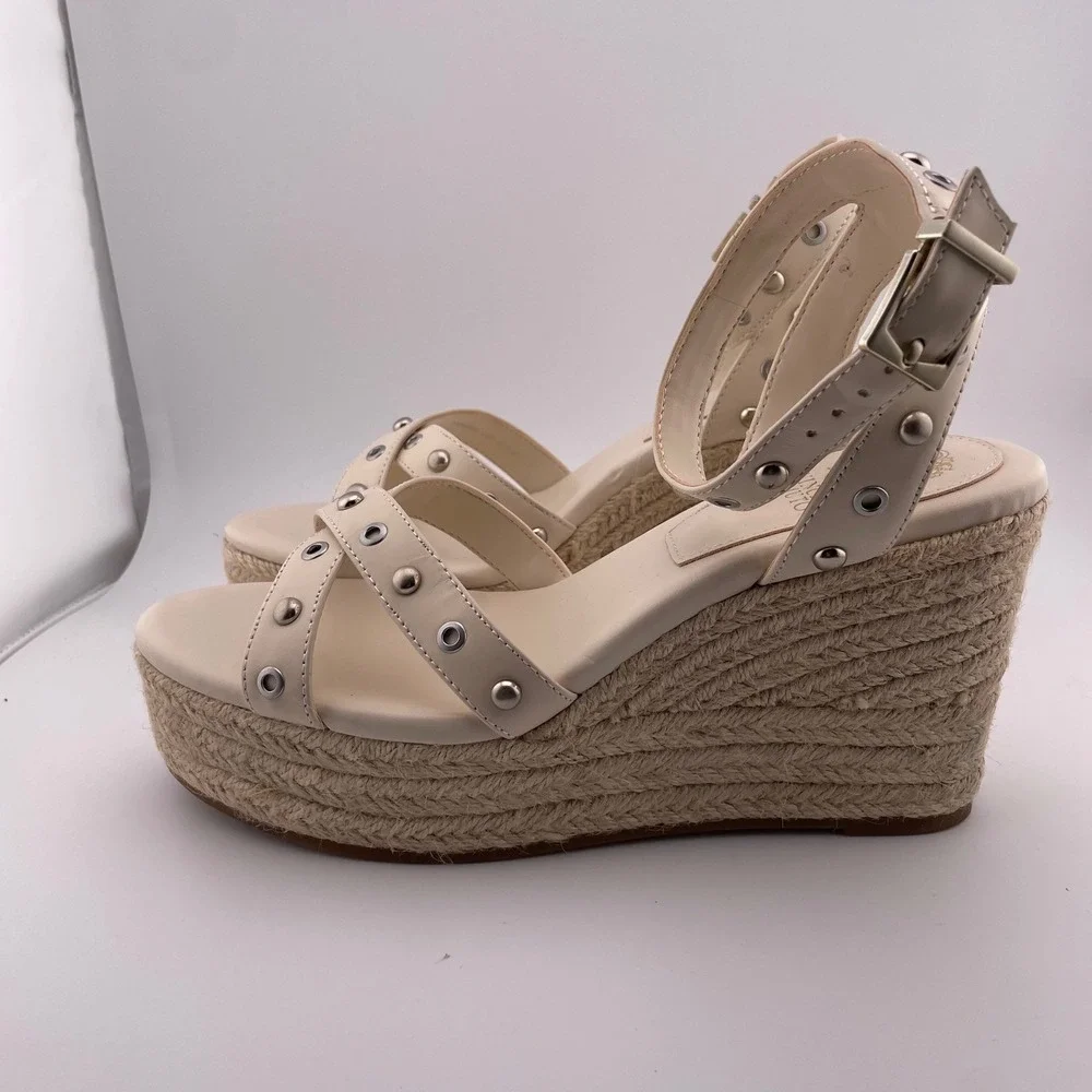 Vince Camuto Cream Studded Feegella Espadrille Wedge Sandals Women's Size‎ 8.5